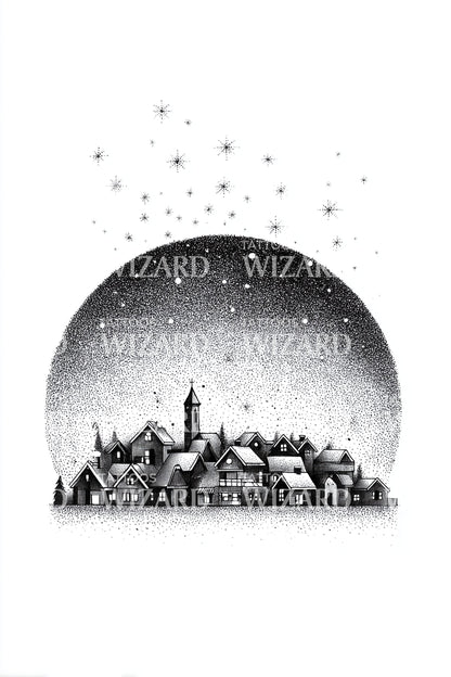 Snow Globe Winter Town Tattoo Illustration