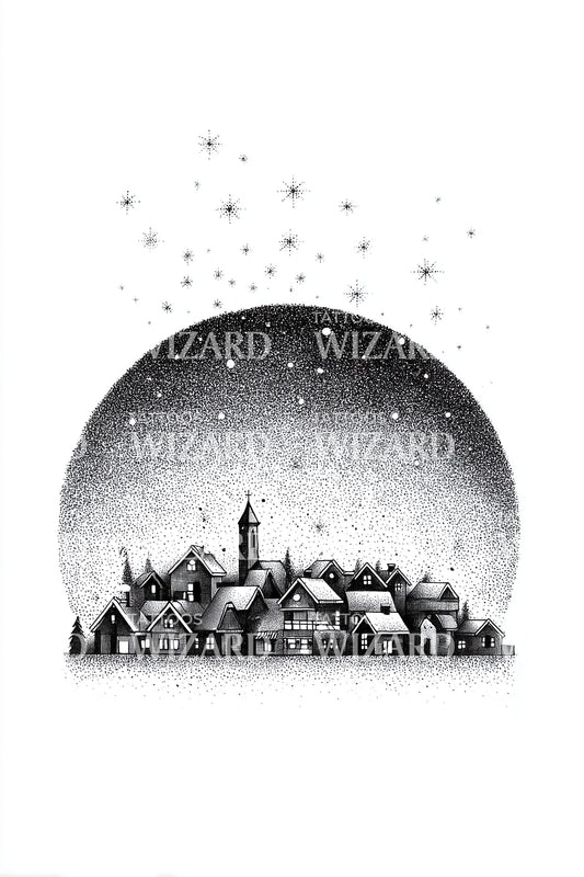 Snow Globe Winter Town Tattoo Illustration