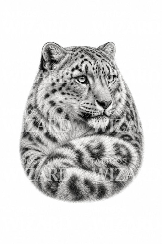 Tattoo-Idee mit Schneeleopard und eingerolltem Schwanz