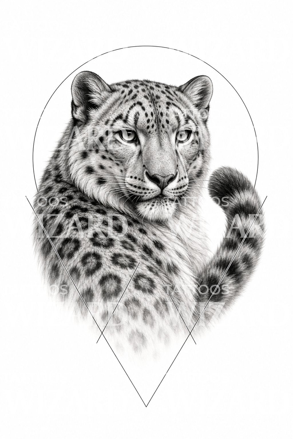 Geometrisches Schneeleopard Porträt Tattoo Design