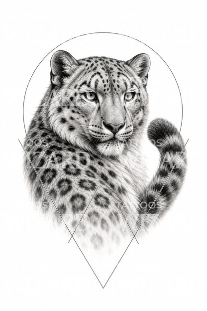 Geometrisches Schneeleopard Porträt Tattoo Design