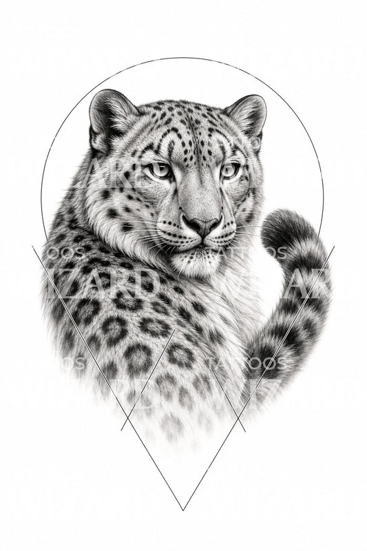 Geometrisch portret tattoo ontwerp van een sneeuwluipaard