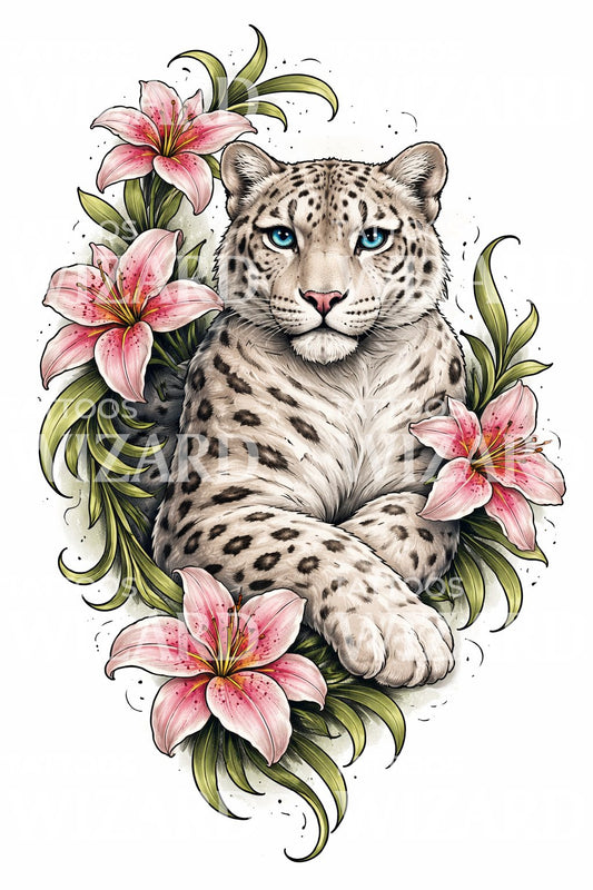 Snow Leopard Lily Tattoo Design