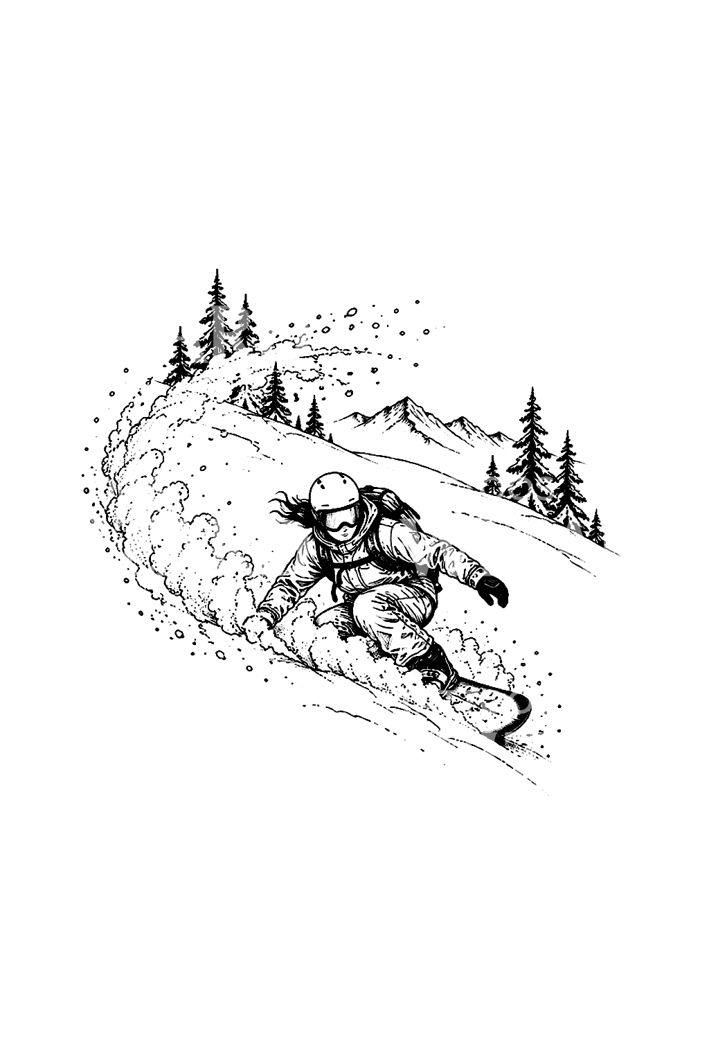Fineline-tatoveringsidé med snowboarder i pudder