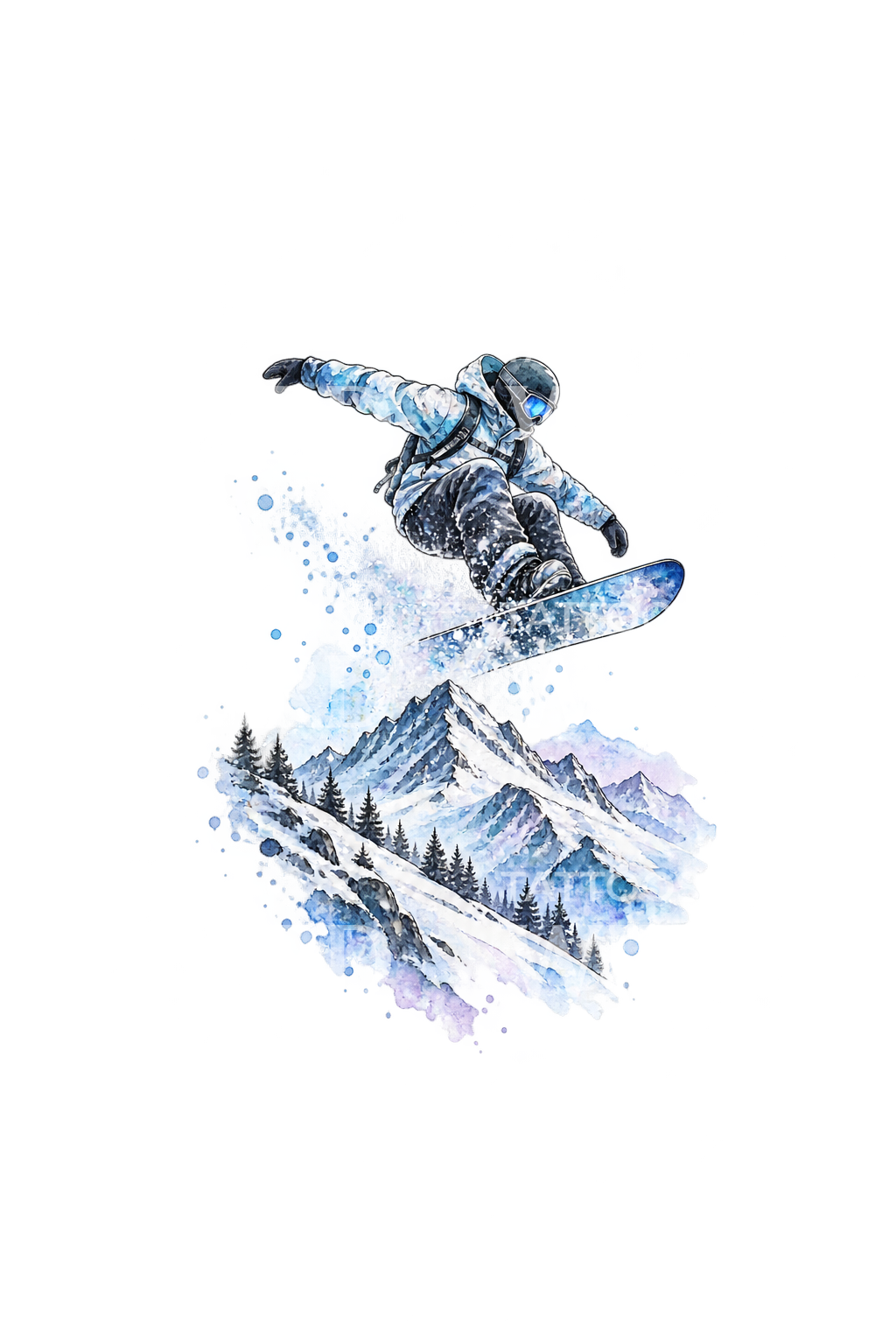 Akvarelltatovering av snowboarder over fjellene