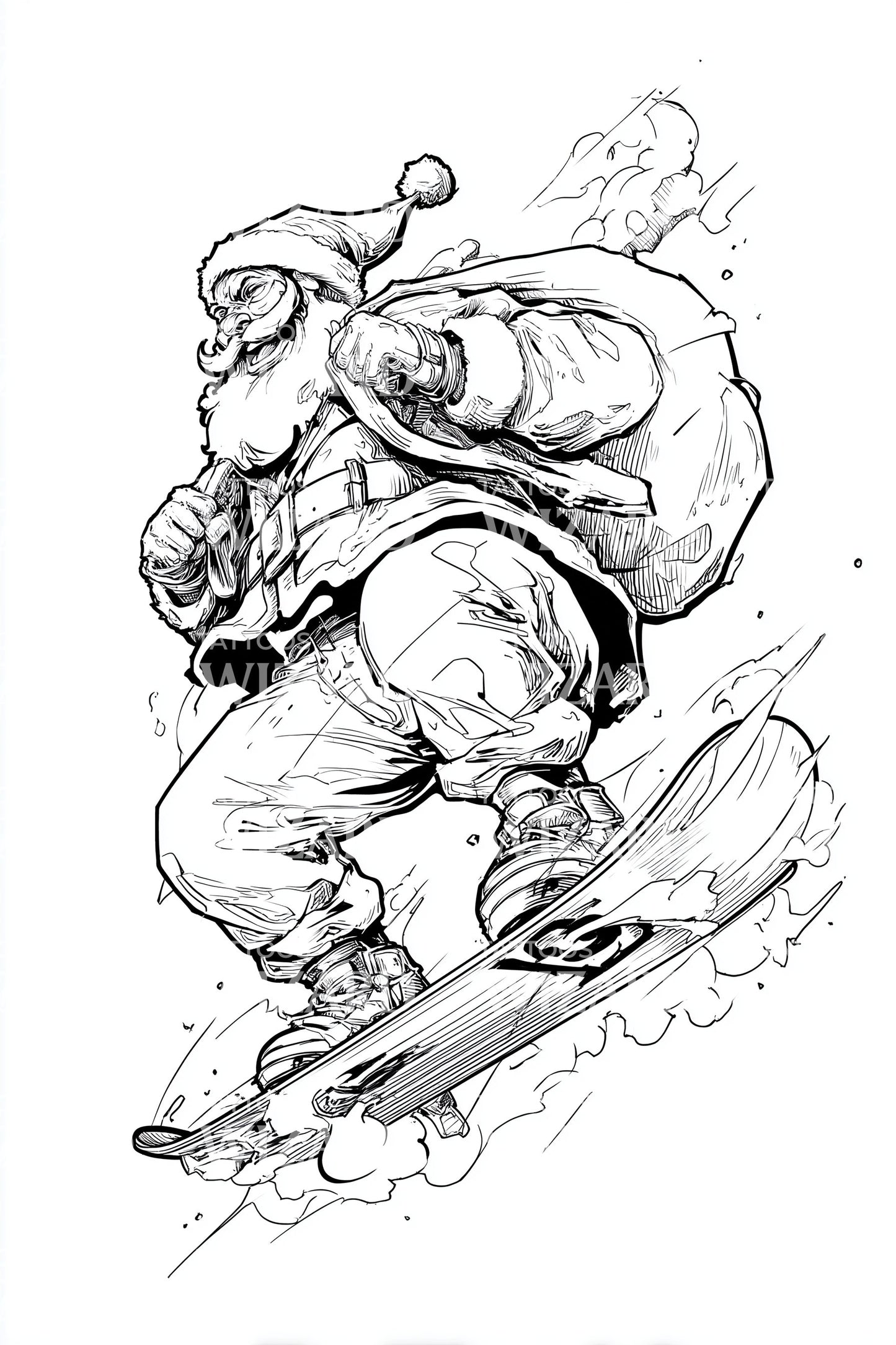 Snowboarding Santa Sketch Tattoo Design
