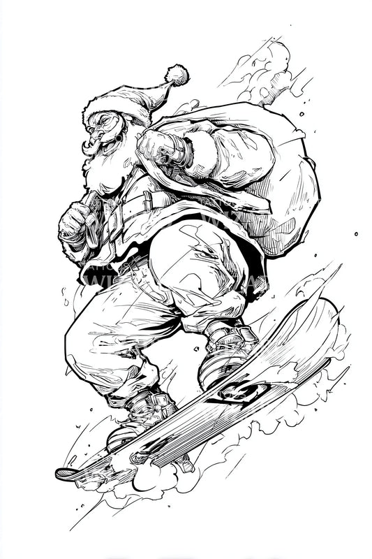 Snowboarding Santa Sketch Tattoo Design