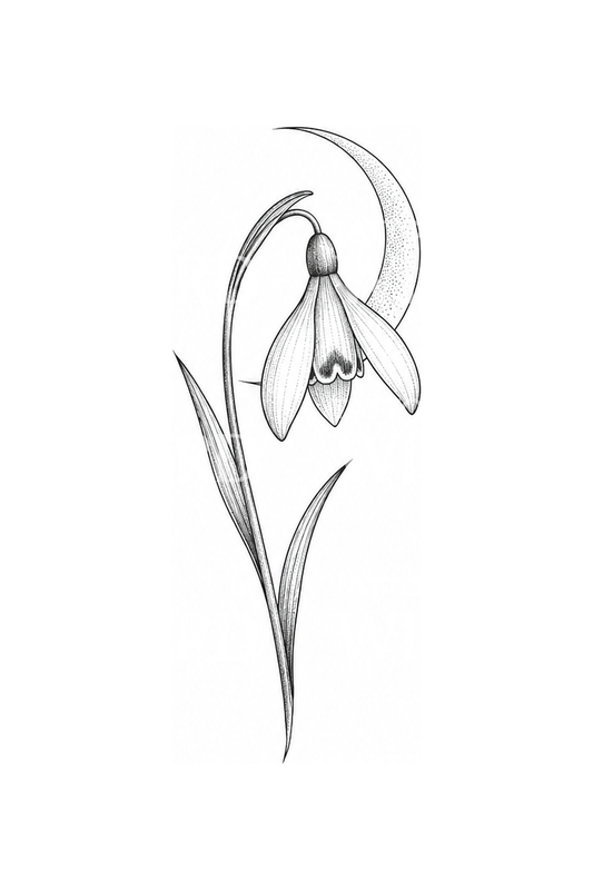 Snödroppe och månskära, fine line-tatuering