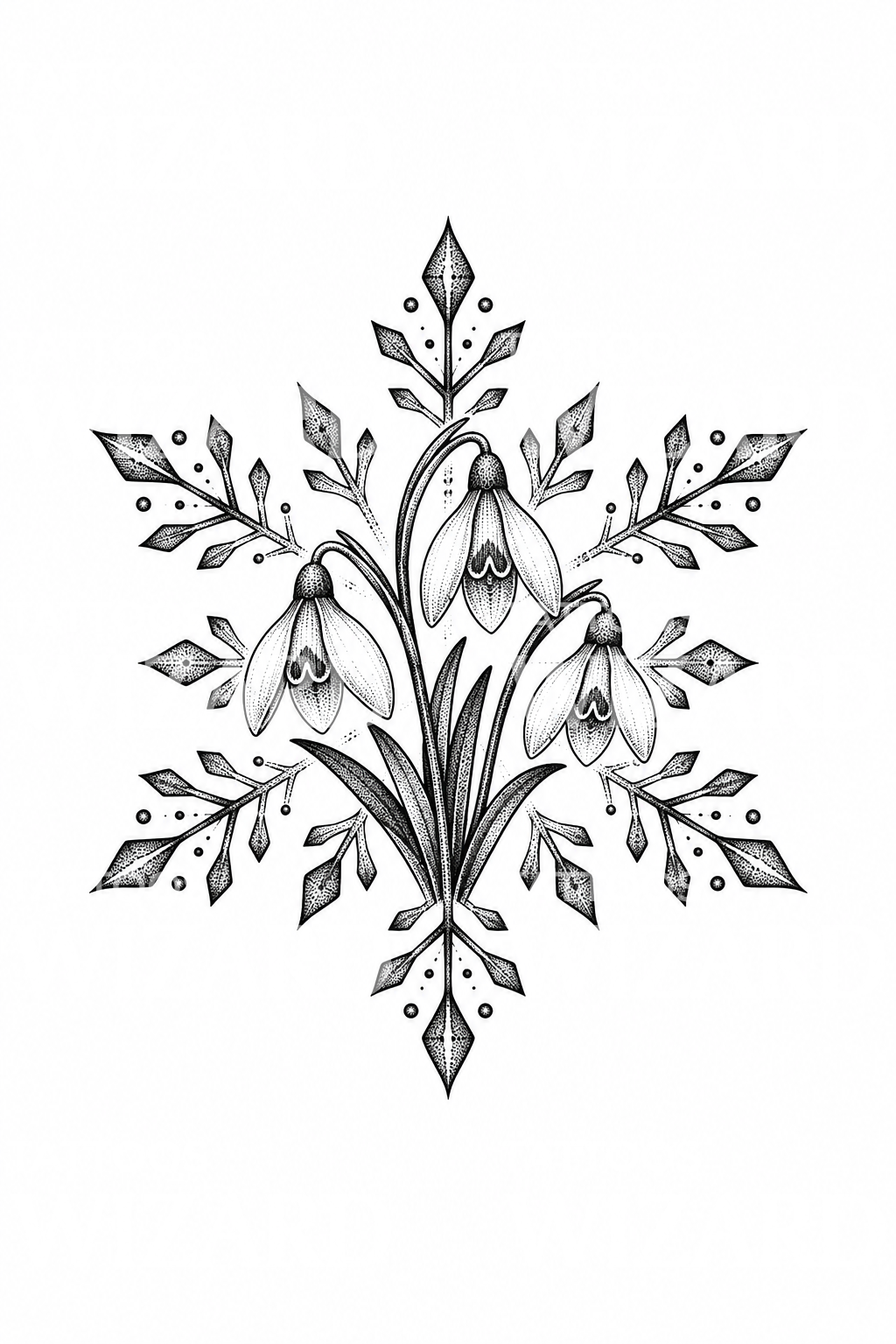 Schneeglöckchen in einer gepunkteten Schneeflocken-Tattooillustration