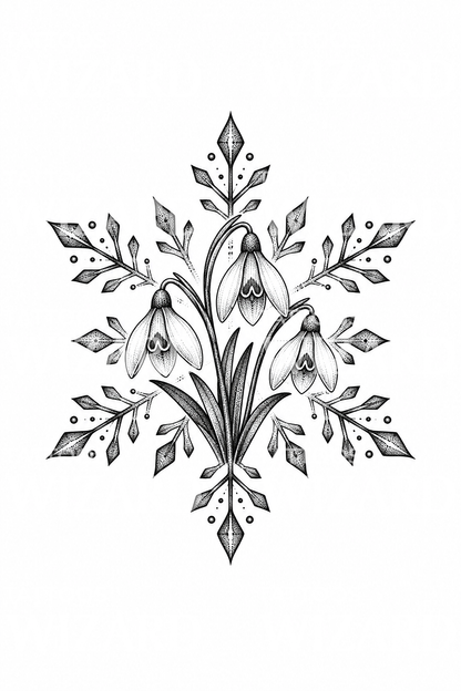 Schneeglöckchen in einer gepunkteten Schneeflocken-Tattooillustration