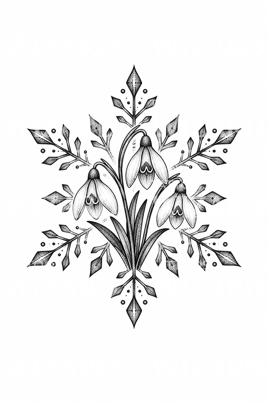 Fiori di bucaneve in un’illustrazione tatuaggio fiocco di neve puntinata