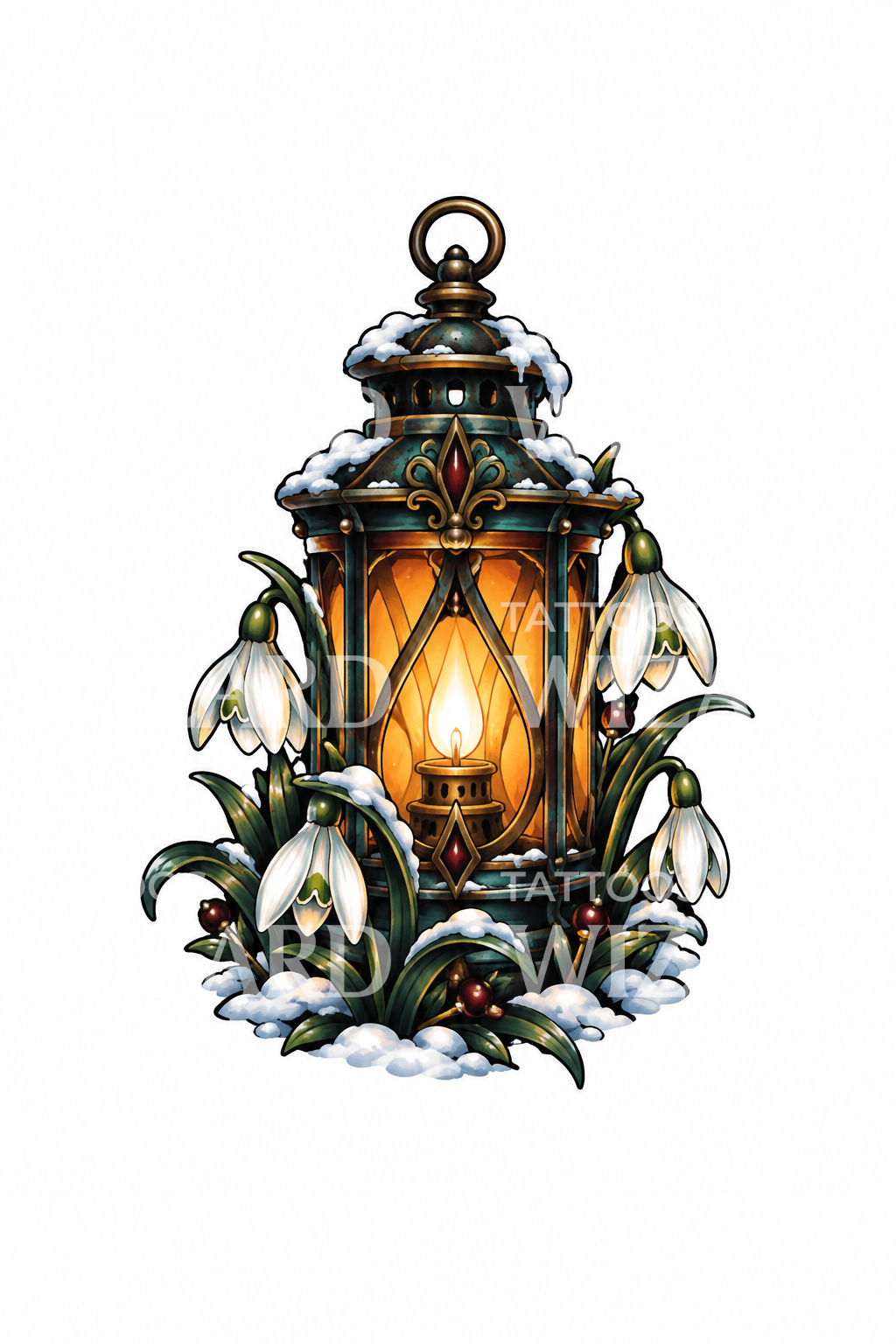 Snowdrops around a Glowing Lantern Tattoo Design