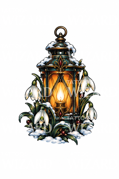 Snowdrops around a Glowing Lantern Tattoo Design