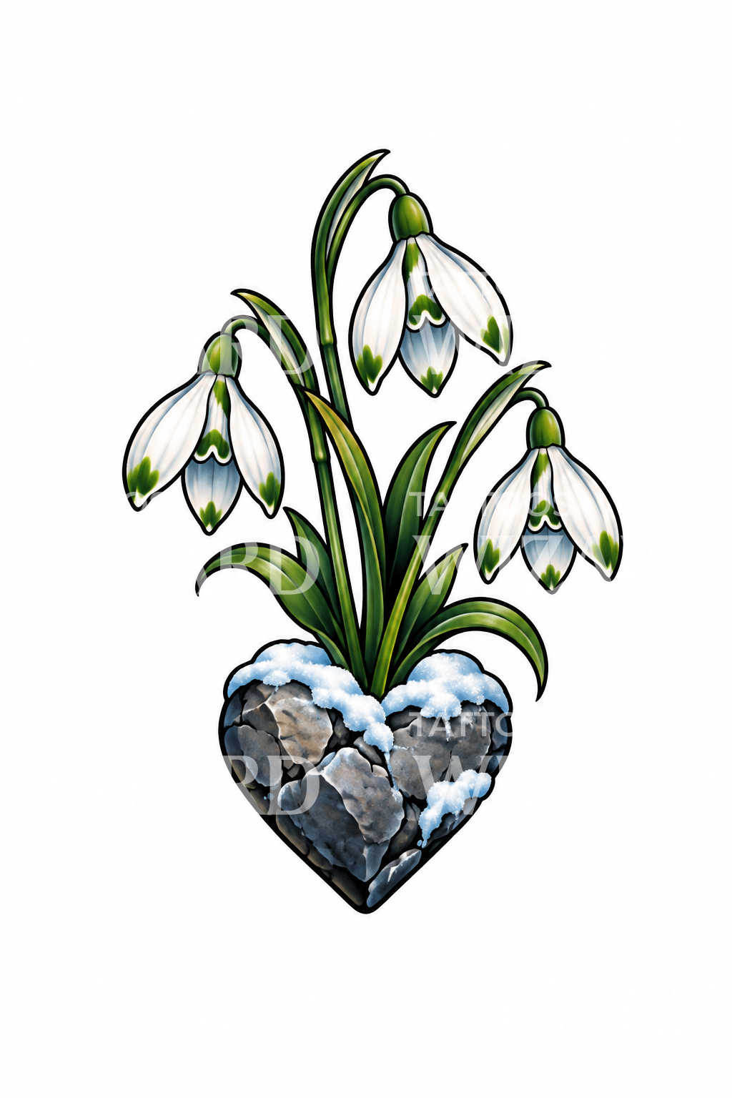 Snowdrops Growing from Heart Shaped Stone Tattoo Design