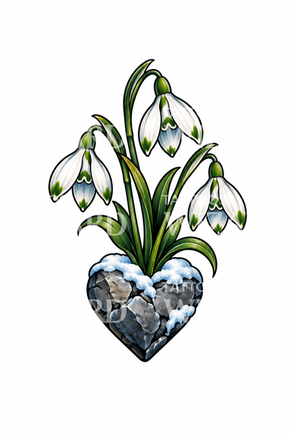 Snowdrops Growing from Heart Shaped Stone Tattoo Design