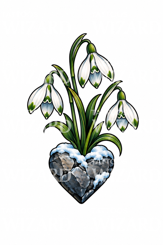 Snowdrops Growing from Heart Shaped Stone Tattoo Design