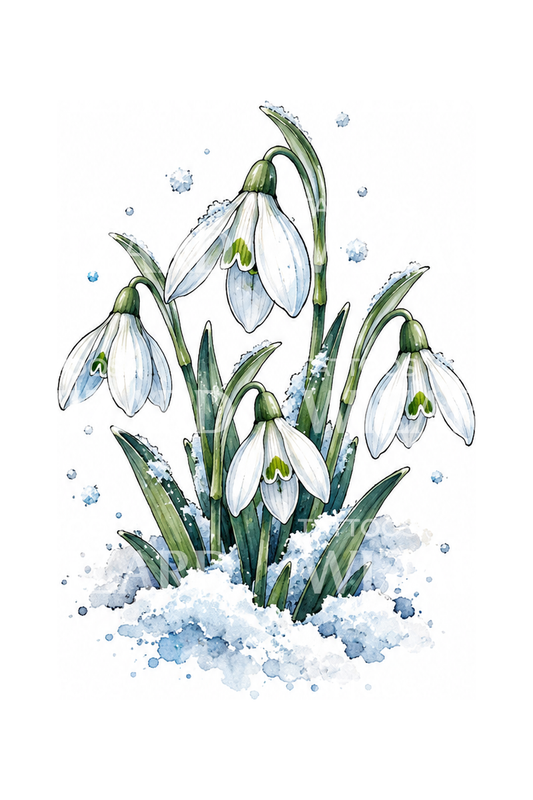 Aquarel-tatoeage van sneeuwklokjes door smeltwater