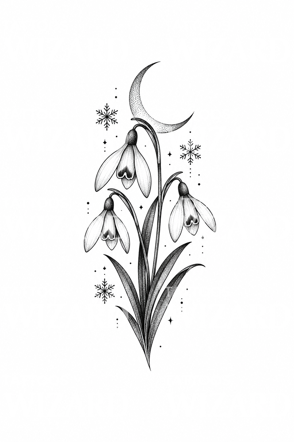 Snowdrops Under Crescent Moon Tattoo Idea