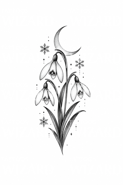 Snowdrops Under Crescent Moon Tattoo Idea