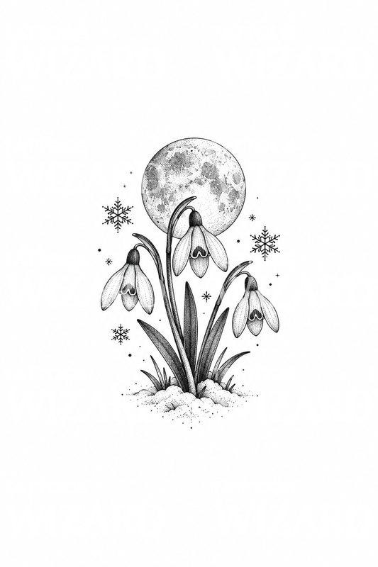 Snowdrops under Winter Moon Dotwork Tattoo Idea