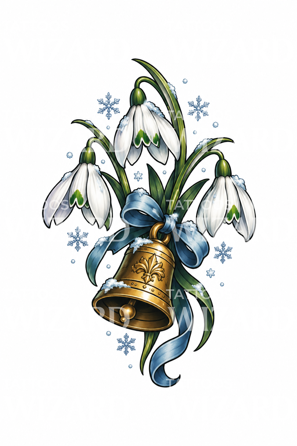 Snowdrops with a Brass Bell and Ribbon Tattoo