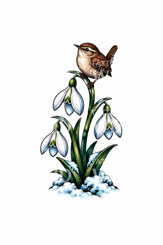 Snowdrops with a Wren in the Snow Tattoo Design
