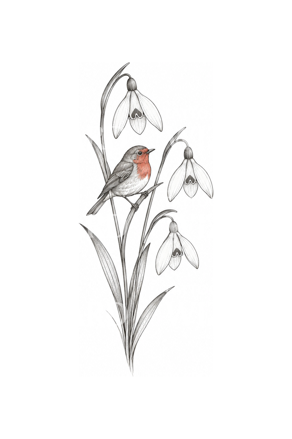 Tato fine line bunga snowdrop dengan burung robin kecil