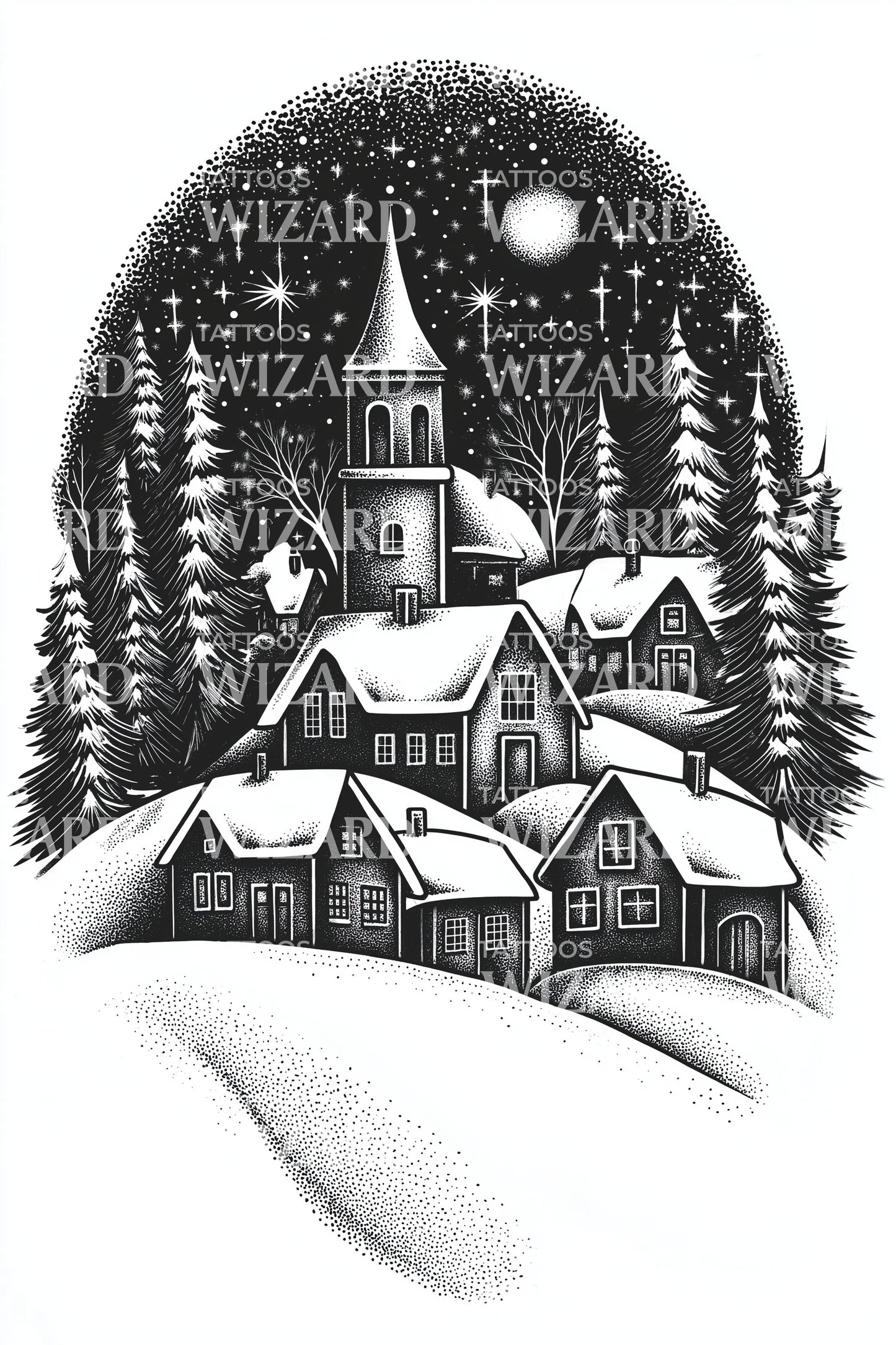 Snowy Church Winter Village Tattoo Design