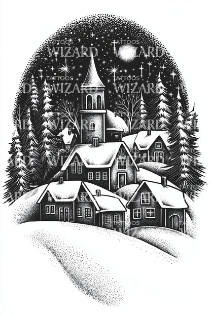 Snowy Church Winter Village Tattoo Design