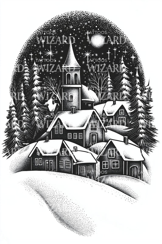 Snowy Church Winter Village Tattoo Design