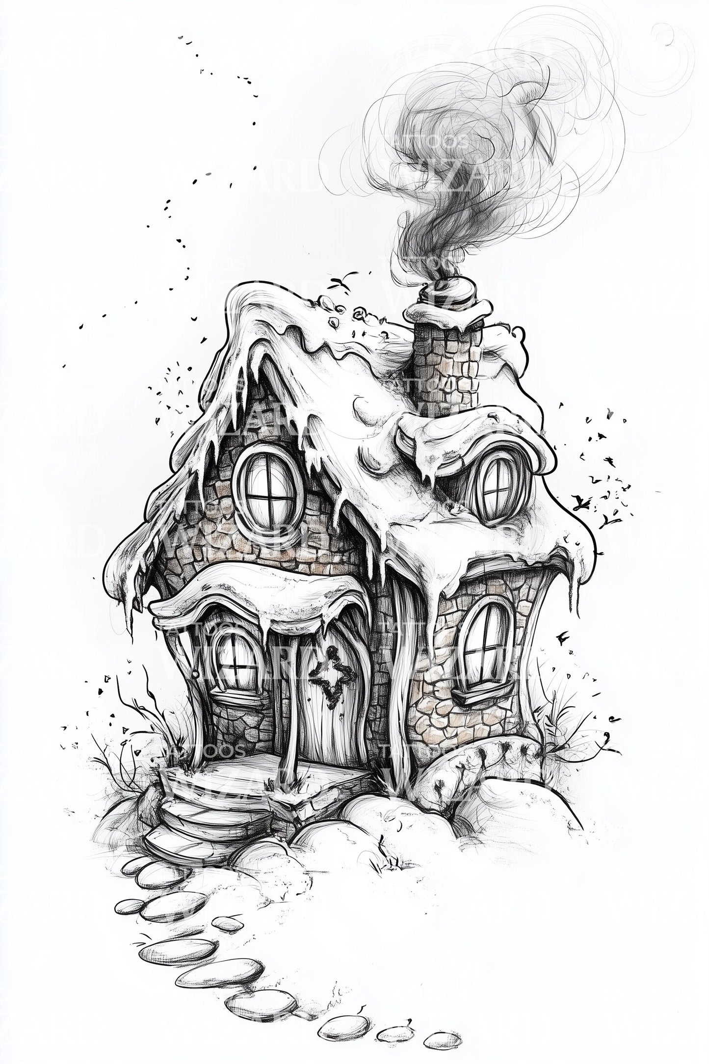 Snowy Fairy Tale Cottage Tattoo Design