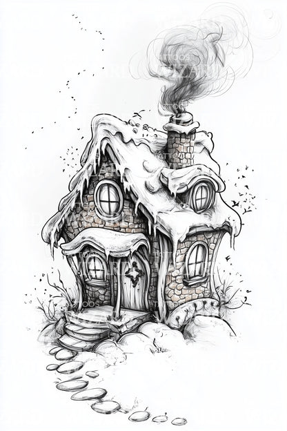 Snowy Fairy Tale Cottage Tattoo Design