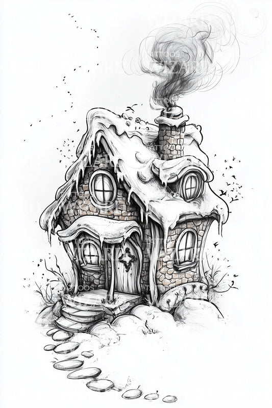 Snowy Fairy Tale Cottage Tattoo Design
