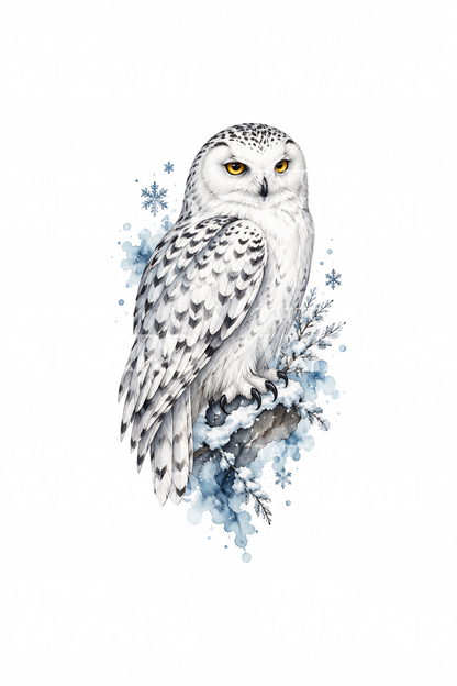 雪の結晶とシロフクロウの水彩タトゥーデザイン