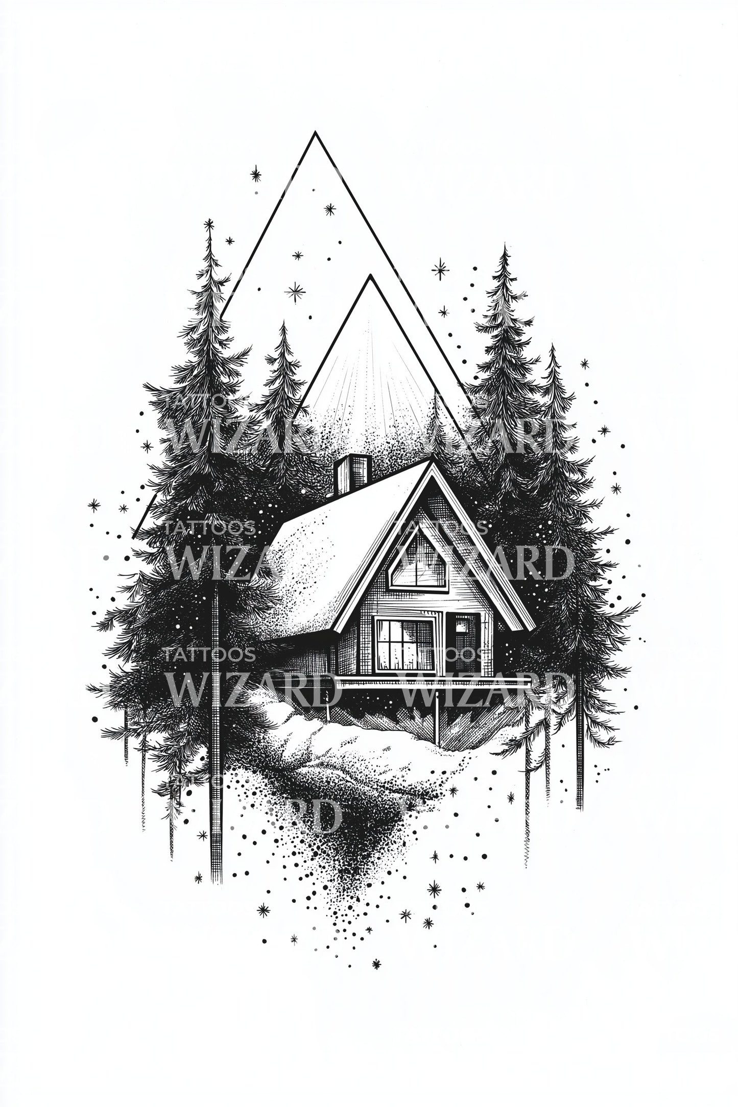 Snowy Path Forest Cabin Tattoo Design