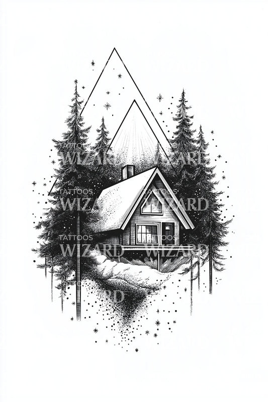 Snowy Path Forest Cabin Tattoo Design