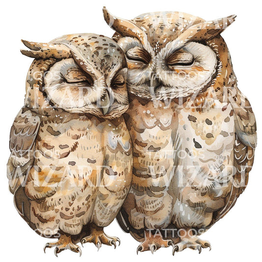 Snuggling Owls Caring Watercolor Tattoo Idea