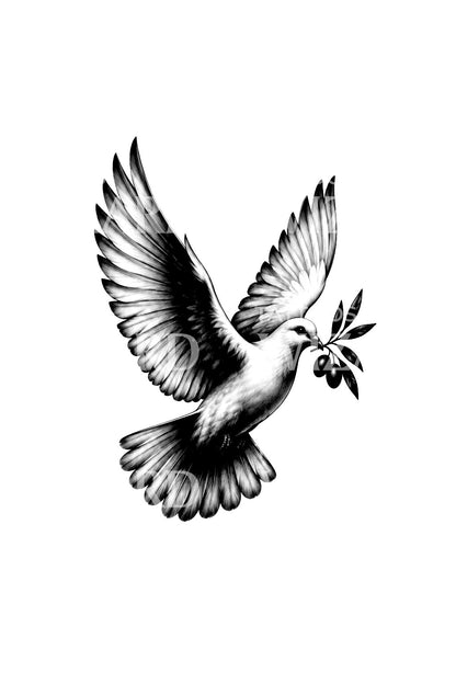 Soaring White Dove Olive Sprig Tattoo Illustration