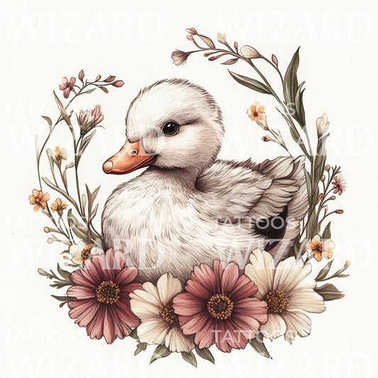 Soft Fluffy Duck with Blooming Flowers Tattoo Design