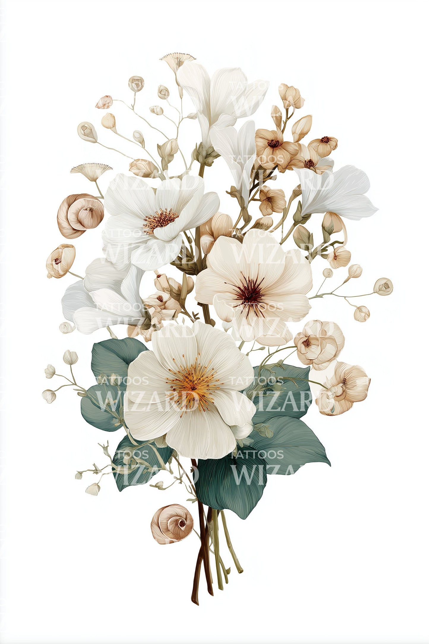 Soft White Bouquet Tattoo Illustration