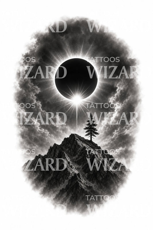 Ideia de tatuagem de montanha com eclipse solar