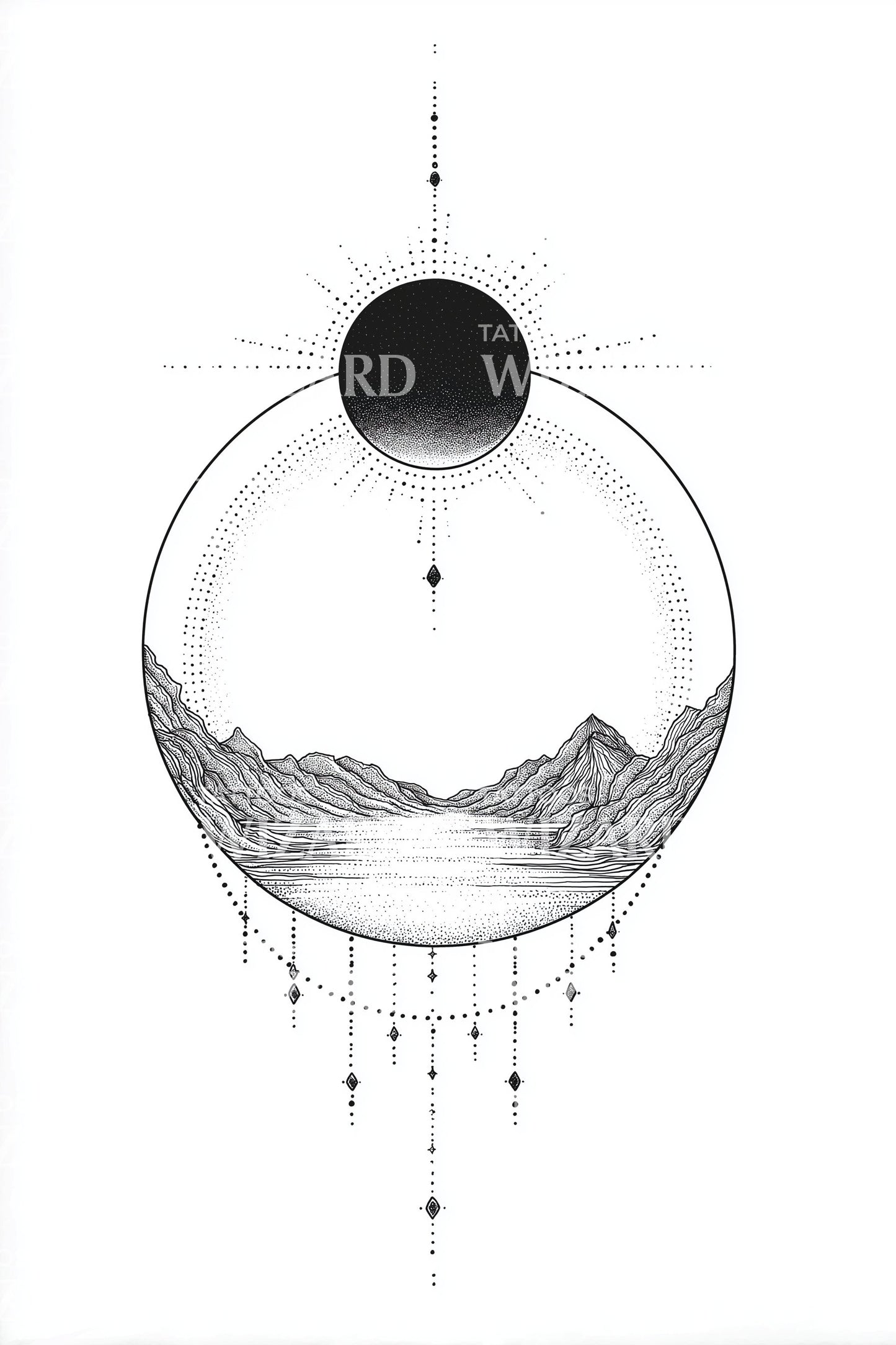 Solar Eclipse Mountains Tattoo Illustration