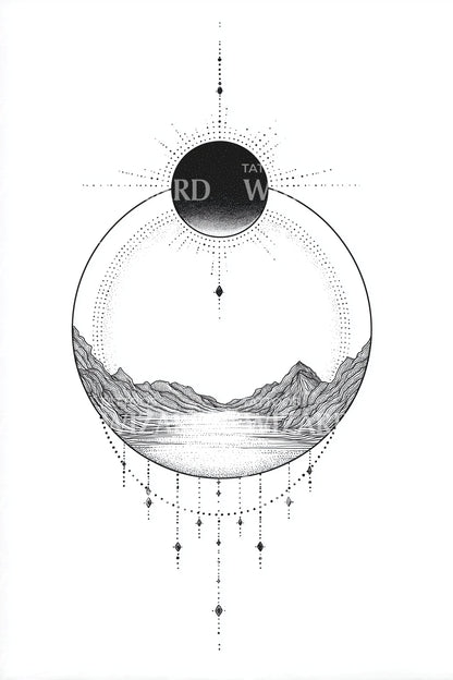 Solar Eclipse Mountains Tattoo Illustration
