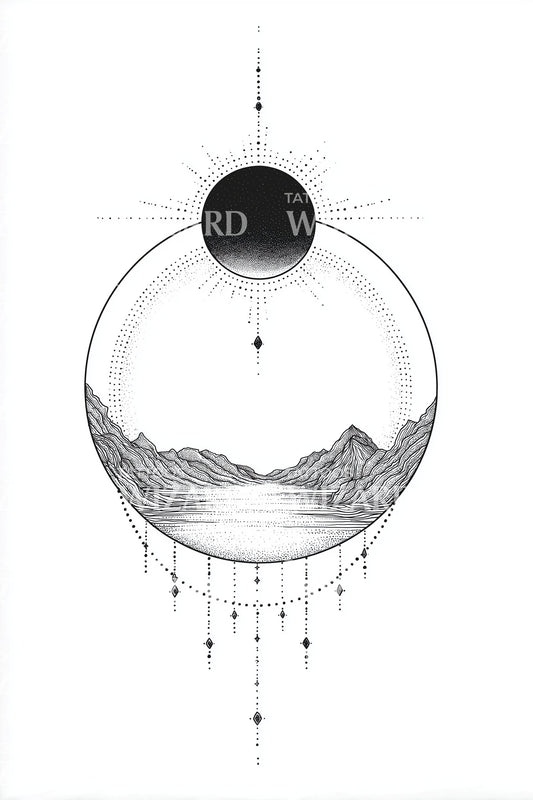 Solar Eclipse Mountains Tattoo Illustration