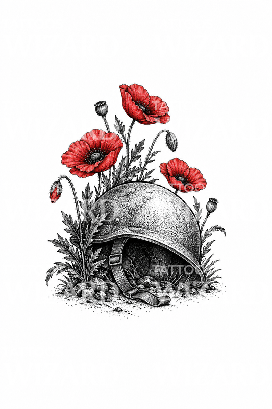 Soldier Helmet with Poppies Tattoo