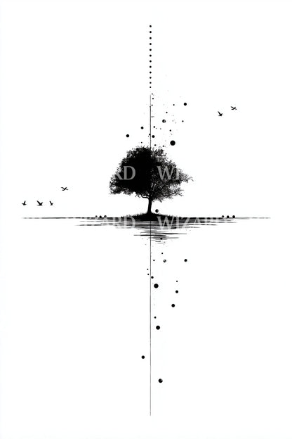 Solitary Tree Horizon Tattoo Illustration