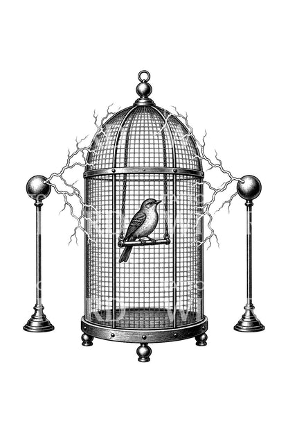 Songbird in a Faraday Cage Tattoo Illustration