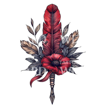 Sophisticated Quill Pen and Flowers Tattoo Design