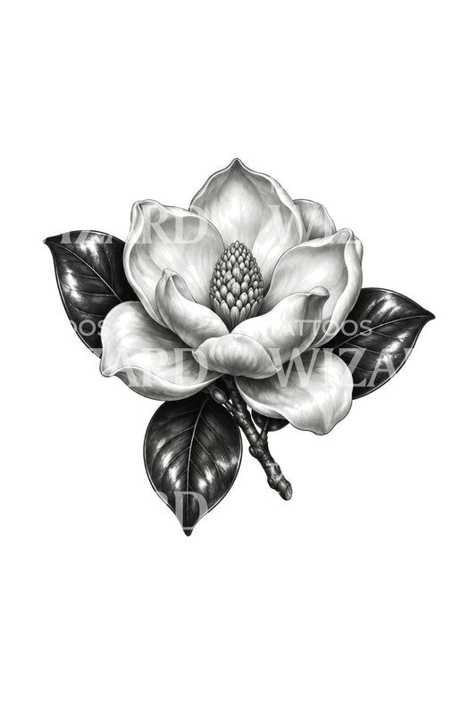 Tatouage de magnolia du Sud en noir et gris