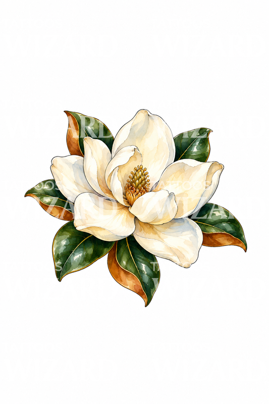 Akvarell-tatovering av en blomstrende sørmagnolia